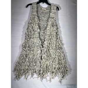 Umgee USA Women's‎ Fringe Knit Vest Sweater Boho Fuzzy Bold Cream Black S M